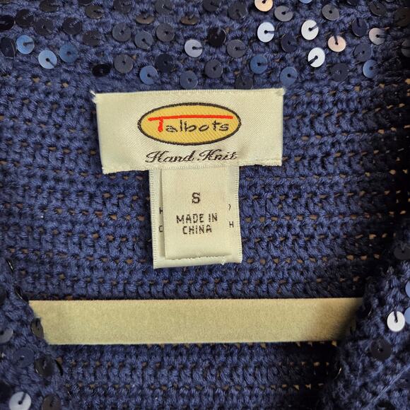 Talbots Hand Knit Sequin Cardigan S Navy Blue Silk Cotton Button Sparkle Sweater - Picture 3 of 12